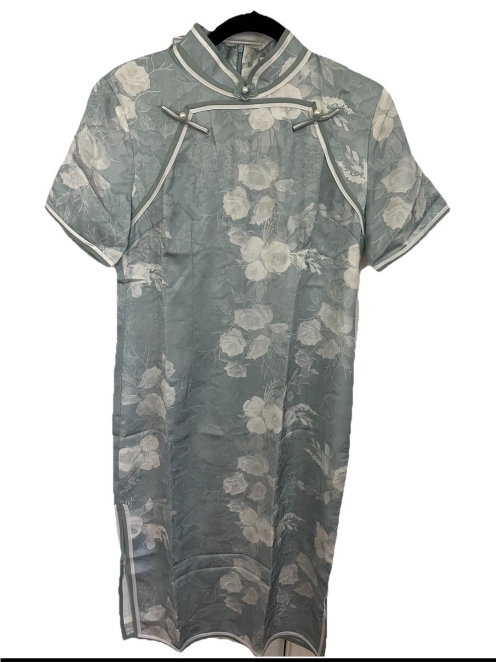 Light Blue Floral Satin Cheongsam Dress